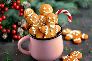 Gingerbread men and candy cane in a mug